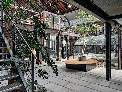 Converted office overseas containers in the middle of an old locomotive hall with lots of green plants and a greenhouse to retire to