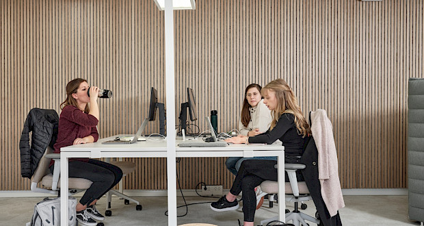 Coworking at a group table in the Grünhof Augustinerplatz