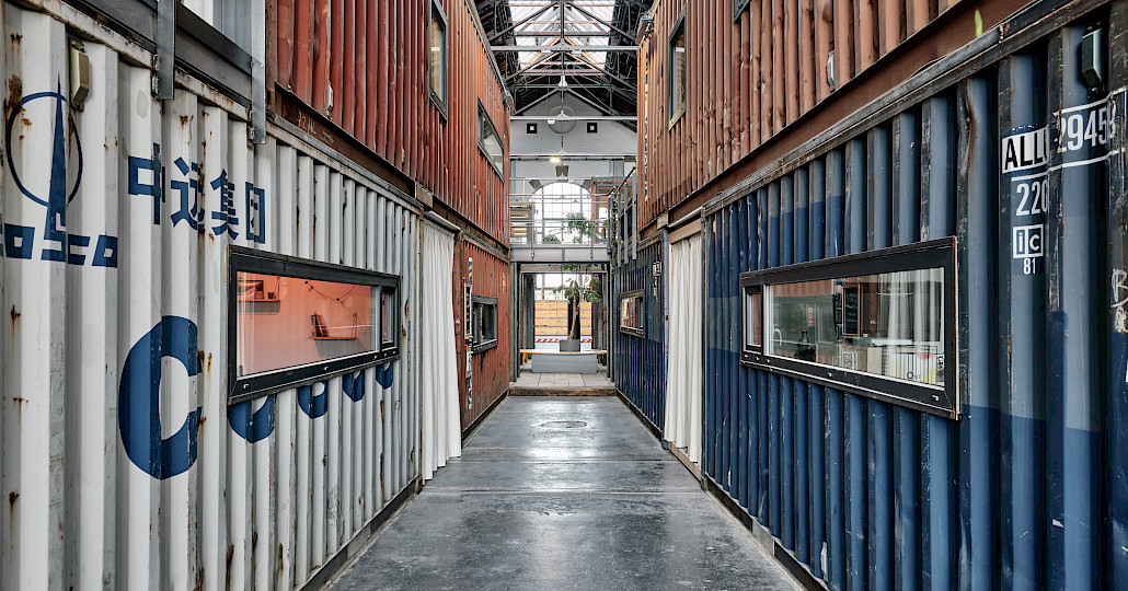 Oversea containers converted into offices in the Kreativpark Lokhalle