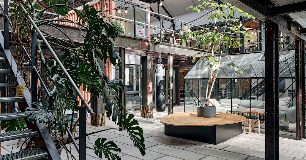 Industrial flair with plants, punching bag and greenhouse with sofa lounge in the Kreativpark Lokhalle