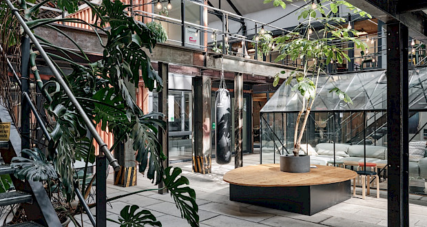 Industrieflair mit Pflanzen, Boxsack und Gewächshaus mit Sofalounge im Kreativpark Lokhalle