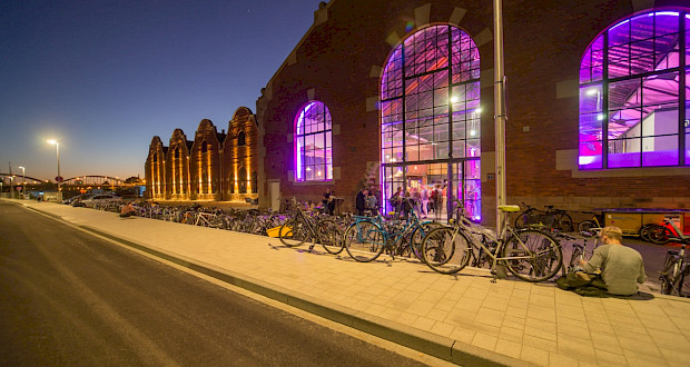 Illuminated Lokhalle from the outside