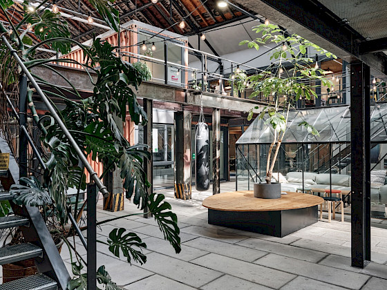 Industrieflair mit Pflanzen, Boxsack und Gewächshaus mit Sofalounge im Kreativpark Lokhalle